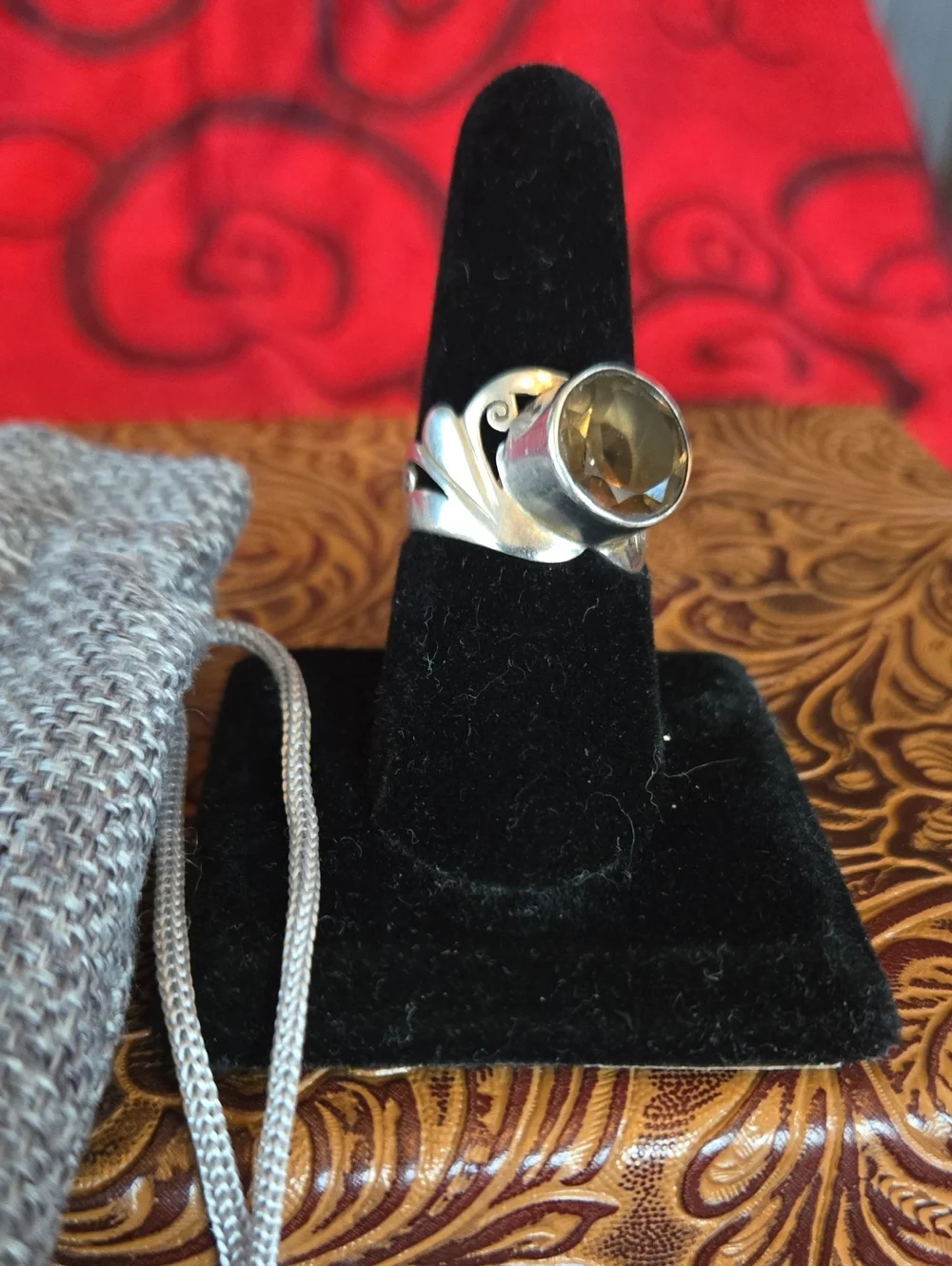Modernist, Midcentury Sterling, Smoky Quartz, sculptural Cocktail Ring & Pouch
